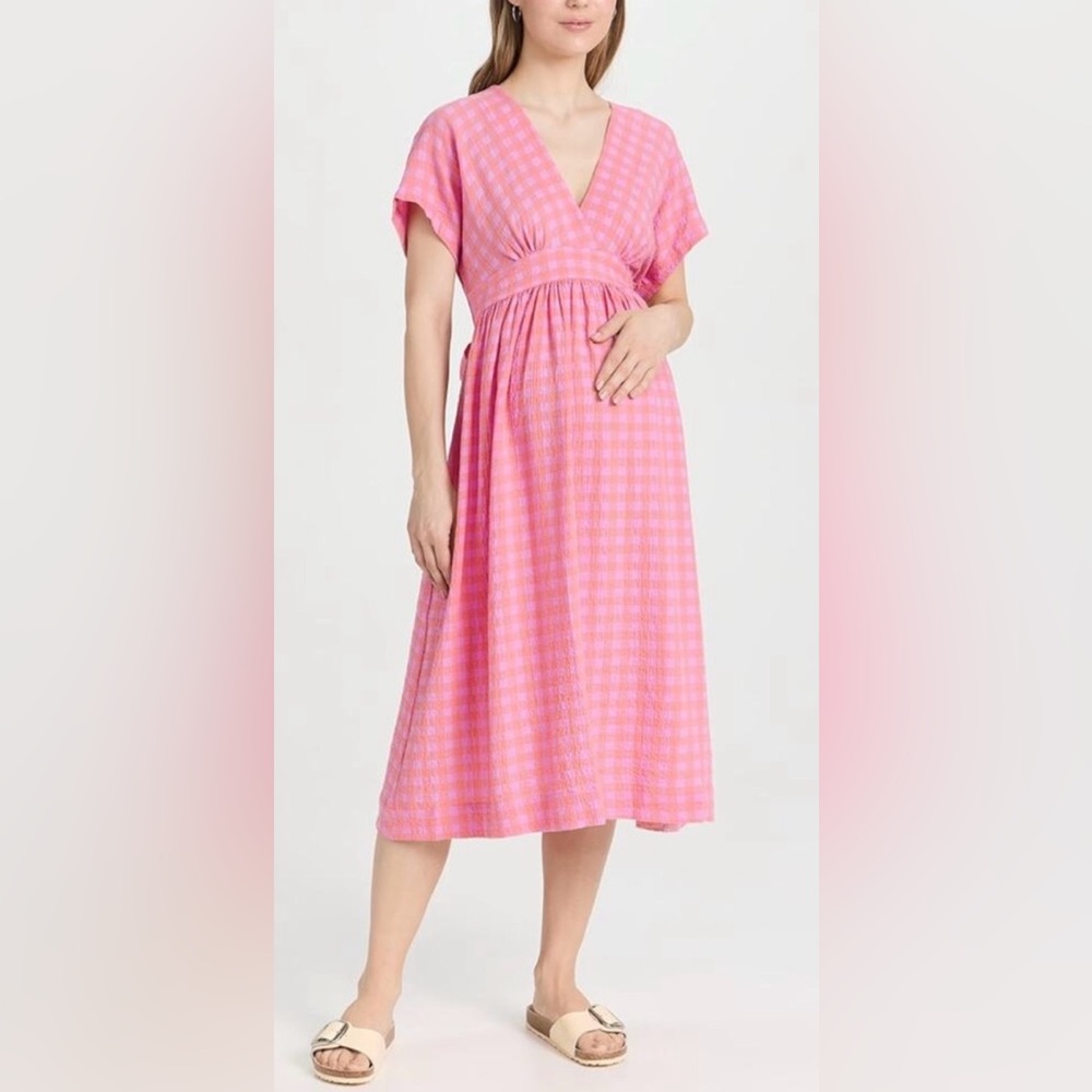 Hatch Coral and Pink Checkered Maternity Dress